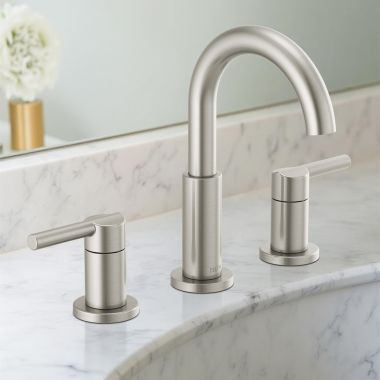 Click here to see Delta 35749LF-SS Delta Nicoli Widespread Bathroom Faucet, Two-Handle, Deck Mount, ADA-Compliant, 1.2 GPM, Stainless - 35749LF-SS