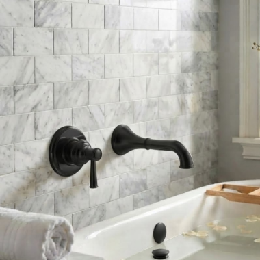 Click here to see Moen WT9021BL Moen Belfield Wall-Mount Non-Diverter Tub Faucet, 10in Ultrathin Tub Spout, Single Lever Handle, Temperature Indicator, 8 GPM, Matte Black - WT9021BL