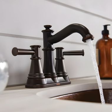 Click here to see Moen 6401BL Moen Belfield Two-Handle High Arc Matte Black Centerset Bathroom Faucet with Metal Pop-Up, 1.2 GPM, ADA Lever Handle, Three-Hole, WaterSense - 6401BL