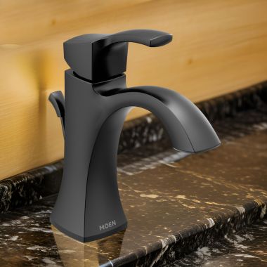 Click here to see Moen 6903BL Moen Voss Single-Handle High Arc Matte Black Bathroom Faucet with Escutcheon and Metal Pop-Up Drain, 1.2 GPM, Single-Hole - 6903BL