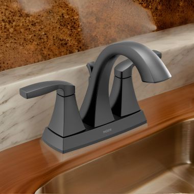 Click here to see Moen 6901BL Moen Voss Two-Handle High Arc Centerset Matte Black Bathroom Sink Faucet with Metal Pop-Up Drain and Lift Rod Assembly, 1.2 GPM, Lever Handles - 6901BL
