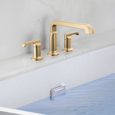 Click here to see Delta T2789-CZ-PR-LHP Delta Tetra Roman Tub Trim, Angular Spout, (Less Handles), Lumicoat Champagne Bronze - T2789-CZ-PR-LHP