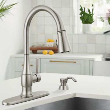 Click here to see Delta 19831Z-SPSD-DST Delta Hazelwood Pull-Down Kitchen Faucet with Soap Dispenser, ShieldSpray,Diamond Seal, MagnaTite, ADA, Spotshield Stainless - 19831Z-SPSD-DST