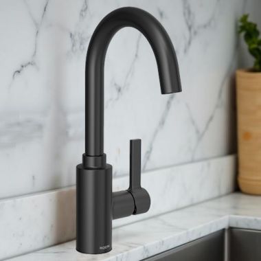 Click here to see  7882BL Moen Genta LX Single-Handle High Arc Bar Faucet w/ 125-Degree Limited Rotation, 1.5 GPM, Matte Black - 5882BL