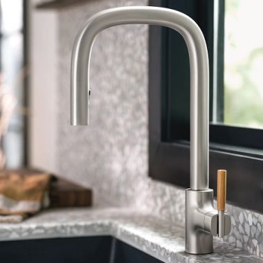 Click here to see Moen S74001SRS Moen Tenon Spot Resist Stainless Single Handle Pull-Down Kitchen Faucet with Four Functions, DuraLock, Swivel Spout, ADA, 1.5 GPM - S74001SRS