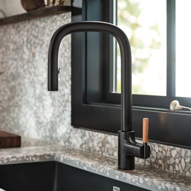 Click here to see Moen S74001BL Moen Tenon Matte Black Single Handle Pull-Down Kitchen Faucet with Four Functions, DuraLock, Swivel Spout, ADA, 1.5 GPM - S74001BL