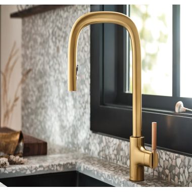 Click here to see Moen S74001EV2BN Moen Tenon Brushed Gold Single Handle Pulldown Kitchen Faucet with Motion Control, PowerBoost, Reflex, Duralock, and Duralast - S74001EV2BG