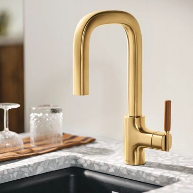 Click here to see Moen S64001BG Moen Tenon Brushed Gold Single-Handle Pulldown Prep/Bar Faucet with PowerBoost Technology, Reflex Pulldown System, DuraLock Quick Connect, 1.5 GPM - S64001BG
