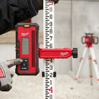 Click here to see Milwaukee 3711 Milwaukee Red Exterior Rotary Laser Receiver with (2) AA Batteries and Receiver Clamp - 3711