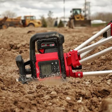 Click here to see Milwaukee 3704-21T Milwaukee M18 Red Exterior Dual Slope Rotary Laser Level Kit with Receiver, Remote, Grade Rod, and Tripod - 3704-21T