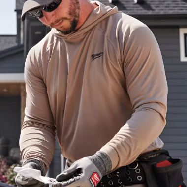 Click here to see Milwaukee M550N-L Milwaukee Large Men's WORKSKIN Sandstone Hooded Sun Shirt - M550N-L 