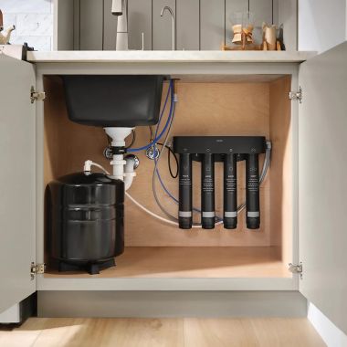 Click here to see Moen F9900 Moen 4-Stage Under Sink Reverse Osmosis Water Filtration System with 3.2 Gallon Storage Tank, 0.5 GPM - F9900  