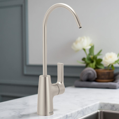 Click here to see Moen F7620SRS Moen SIP Transitional Single-Handle High Arc Beverage Faucet, Metal, Lever Handle, 1.5 GPM, Spot Resist Stainless - F7620SRS