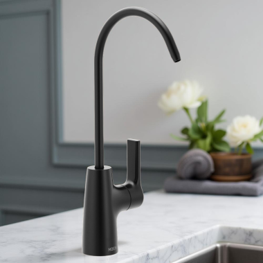 Click here to see Moen F7620BL Moen SIP Transitional Single-Handle High Arc Beverage Faucet, Metal, Lever Handle, 1.5 GPM, Matte Black - F7620BL