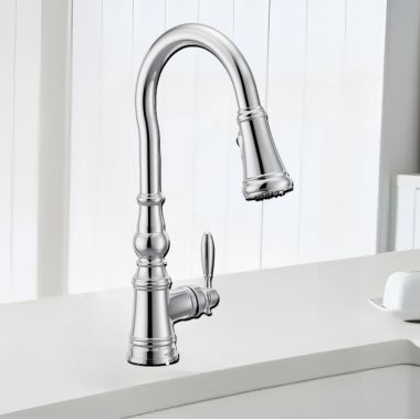 Click here to see Moen FS73004 Moen Weymouth Chrome Single-Handle High-Arc Pull-Down Kitchen Sink Faucet, WaterSense, PowerClean, ADA-Compliant, 1.5 GPM - FS73004