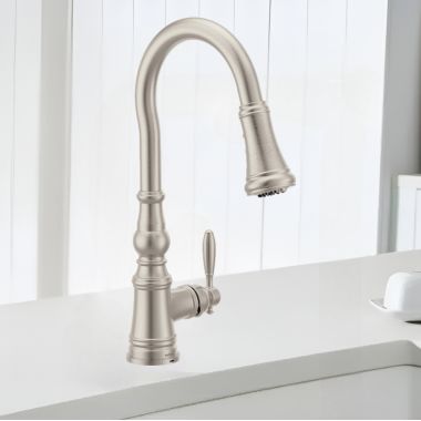 Click here to see Moen FS73004SRS Moen Weymouth Spot Resist Stainless Single-Handle High-Arc Pull-Down Kitchen Sink Faucet, WaterSense, PowerClean, ADA-Compliant, 1.5 GPM - FS73004SRS