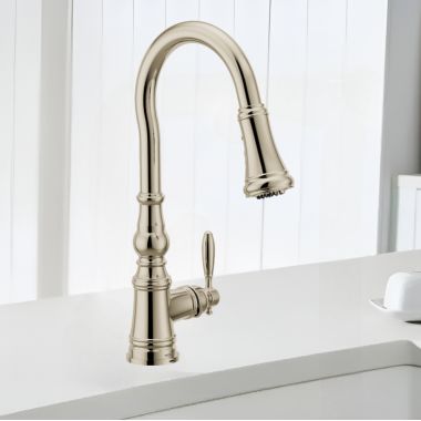 Click here to see Moen FS73004NL Moen Weymouth Polished Nickel Single-Handle High-Arc Pull-Down Kitchen Sink Faucet, WaterSense, PowerClean, ADA-Compliant, 1.5 GPM - FS73004NL
