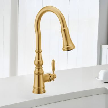 Click here to see Moen FS73004BG Moen Weymouth Brushed Gold Single-Handle High-Arc Pull-Down Kitchen Sink Faucet, WaterSense, PowerClean, ADA-Compliant, 1.5 GPM - FS73004BG