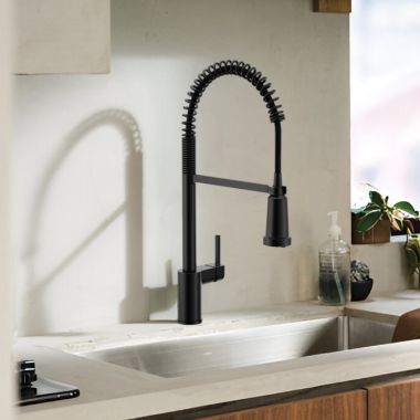 Click here to see Moen F5923BL Moen Align Matte Black Single-Handle High-Arc Semi-Pro Pulldown Kitchen Faucet with 3-Water Filter Function Spray Wand, WaterSense, PowerClean, ADA-Compliant, 1.5 GPM - F5923BL