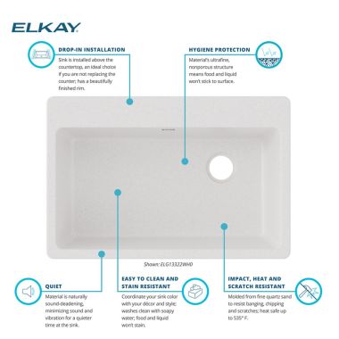 Click here to see Elkay ELG13322SD0 Elkay Quartz Classic Sand 33in x 22in Single Bowl, Drop In Sink with Rear Right Drain and Mounting Hardware - ELG13322SD0 