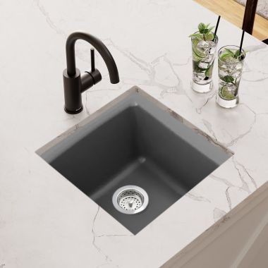 Click here to see Elkay ELG1616GT0 Elkay Quartz Classic Graphite 15-3/4in x 15-3/4in x 7-11/16in Dual Mount Single Bowl Sink with Rear Center Drain - ELG1616GT0