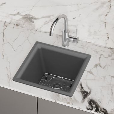 Click here to see Elkay ELG1616GT0C Elkay Quartz Classic Dual Mount Single Bowl Bar Sink Kit with Bottom Grid, Drain, and Cleaning Kit, Graphite - ELG1616GT0C