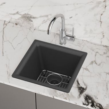 Click here to see Elkay ELG1616MB0C Elkay Quartz Classic Dual Mount Single Bowl Bar Sink Kit with Bottom Grid, Drain, and Cleaning Kit, Matte Black - ELG1616MB0C