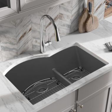 Click here to see Elkay ELGHU3322RGT0C Elkay Quartz Classic Graphite 33in x 22in x10in Undermount with Rear Center Drain, Double Bowl Aqua Divide Sink with Bottom Grids, Drains, and Cleaning Kit - ELGHU3322RGT0C