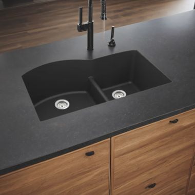 Click here to see Elkay ELGHU3322RMB0 Elkay Quartz Classic Matte Black 33in x 22in x10in Undermount with Rear Center Drain, Double Bowl Sink with Aqua Divide - ELGHU3322RMB0