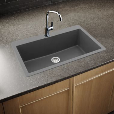 Click here to see Elkay ELGR13322GT0 Elkay Quartz Classic Graphite 33in x 20-7/8in x 9-7/16in Drop-in with Rear Center Drain, Single Bowl Sink - ELGR13322GT0