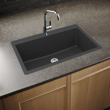 Click here to see Elkay ELGR13322MB0 Elkay Quartz Classic Matte Black 33in x 20-7/8in x 9-7/16in Drop-in with Rear Center Drain, Single Bowl Sink - ELGR13322MB0