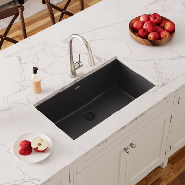 Click here to see Elkay ELGRU13022BK0 Elkay Quartz Classic Black 33in x19in x10in Undermount with Rear Center Drain, Undermount Sink - ELGRU13022BK0