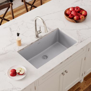 Click here to see Elkay ELGRU13022GS0C Elkay Quartz Classic Greystone 30in x 19in x 10in Undermount with Rear Center Drain, Undermount Sink with Bottom Grids, Drains, and Cleaning Kit - ELGRU13022GS0C