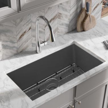 Click here to see Elkay ELGRU13022GT0C Elkay Quartz Classic Graphite 30in x 19in x 10in Undermount with Rear Center Drain, Undermount Sink with Bottom Grids, Drains, and Cleaning Kit - ELGRU13022GT0C