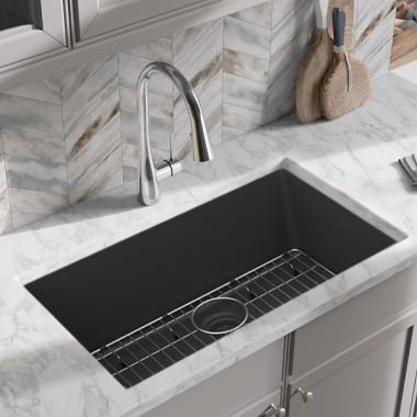 Click here to see Elkay ELGRU13022MB0C Elkay Quartz Classic Matte Black 30in x 19in x 10in Undermount with Rear Center Drain, Undermount Sink with Bottom Grids, Drains, and Cleaning Kit - ELGRU13022MB0C