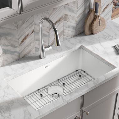 Click here to see Elkay ELGRU13022WH0C Elkay Quartz Classic White 30in x 19in x 10in Undermount with Rear Center Drain, Undermount Sink with Bottom Grids, Drains, and Cleaning Kit - ELGRU13022WH0C