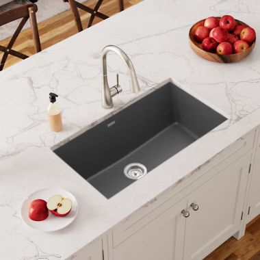 Click here to see Elkay ELGRU13322GT0 Elkay Quartz Classic Graphite 33in x 19in Single Bowl Undermount Kitchen Sink with Rear Center Drain -  ELGRU13322GT0  
