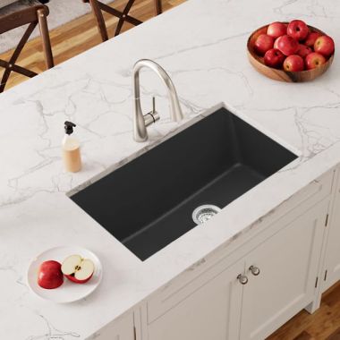 Click here to see Elkay ELGRU13322MB0 Elkay Quartz Classic Matte Black 33in x 19in Single Bowl Undermount Kitchen Sink with Rear Center Drain -  ELGRU13322MB0  