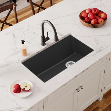 Click here to see Elkay ELGU13322MB0 Elkay Quartz Classic Matte Black 33in x 19in Single Bowl Undermount Kitchen Sink with, Rear Right Drain -  ELGU13322MB0  