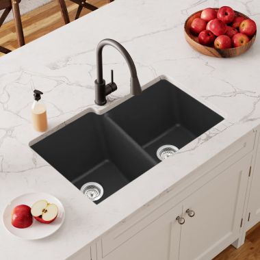 Click here to see Elkay ELGU250RMB0 Elkay Quartz Classic Matte Black 33in x 21in Undermount Double Bowl Kitchen Sink with Rear Center Drain - ELGU250RMB0