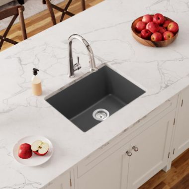 Click here to see Elkay ELGU2522GT0 Elkay Quartz Classic Graphite 25in x 18in Undermount Single Bowl Kitchen Sink  with Rear Center Drain - ELGU2522GT0