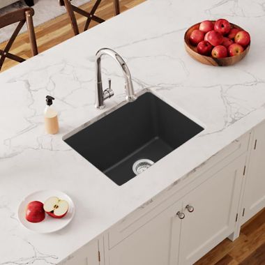 Click here to see Elkay ELGU2522MB0 Elkay Quartz Classic Matte Black 25in x 18in Undermount Single Bowl Kitchen Sink with Rear Center Drain - ELGU2522MB0