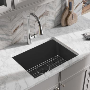 Click here to see Elkay ELGU2522MB0C Elkay Quartz Classic Matte Black 25in x 18in Undermount Single Bowl Kitchen Sink Kit with Rear Center Drain, Bottom Grid, Strainer, and Cleaning Kit - ELGU2522MB0C