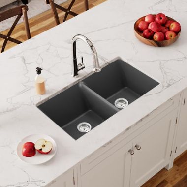Click here to see Elkay ELGU3322GT0 Elkay Quartz Classic Graphite 33in Length x 18-1/2in Width Equal Double Bowl Undermount Sink - ELGU3322GT0 