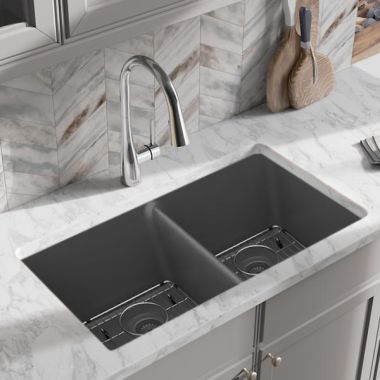 Click here to see Elkay ELGU3322GT0C Elkay Quartz Classic Graphite Equal Double-Bowl Undermount Sink Kit, 33
