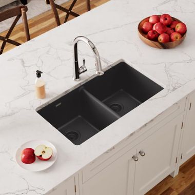 Click here to see Elkay ELGU3322BK0 Elkay Quartz Classic Black 33in Length x 18-1/2in Width Equal Double Bowl Undermount Sink - ELGU3322BK0