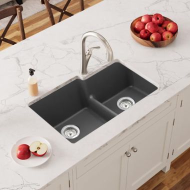 Click here to see Elkay ELGULBO3322GT0 Elkay Quartz Classic Graphite Offset 60/40 Double Bowl Undermount Kitchen Sink with Aqua Divide, 33