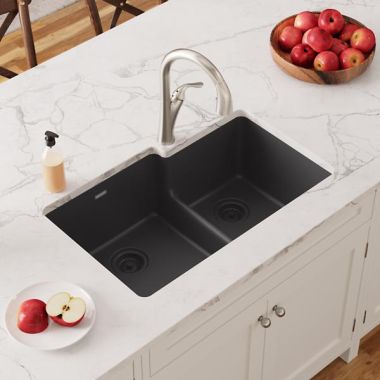 Click here to see Elkay ELGULBO3322MB0 Elkay Quartz Classic Matte Black Offset 60/40 Double Bowl Undermount Kitchen Sink with Aqua Divide, 33