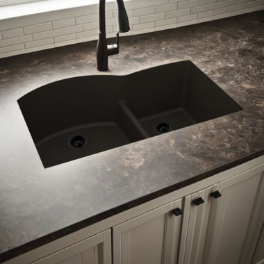 Click here to see Elkay ELXHU3322RDN0 Elkay Quartz Luxe Obsidian 60/40 Double Bowl Sink, 33in x 22in Undermount Kitchen Sink with Aqua Divide and Rear Center Drain - ELXHU3322RDN0