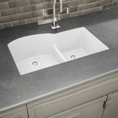 Click here to see Elkay ELXHU3322RFX0 Elkay Quartz Luxe Arctic Fox 60/40 Double Bowl Sink, 33in x 22in Undermount Kitchen Sink with Aqua Divide and Rear Center Drain - ELXHU3322RFX0